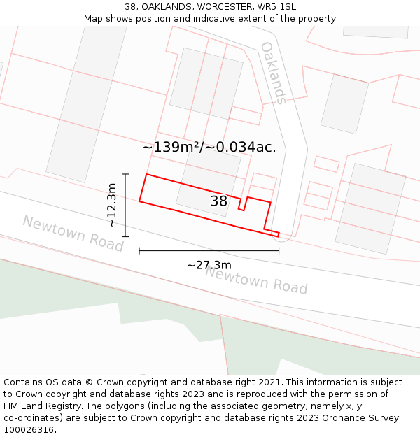 38, OAKLANDS, WORCESTER, WR5 1SL: Plot and title map