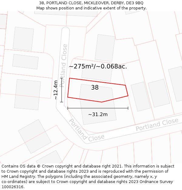 38, PORTLAND CLOSE, MICKLEOVER, DERBY, DE3 9BQ: Plot and title map