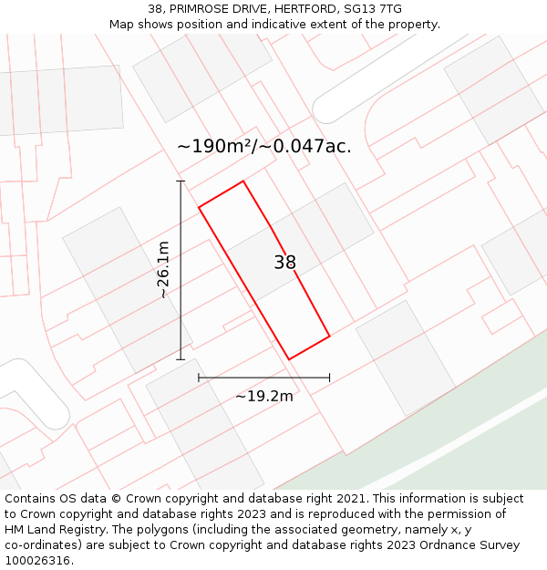 38, PRIMROSE DRIVE, HERTFORD, SG13 7TG: Plot and title map