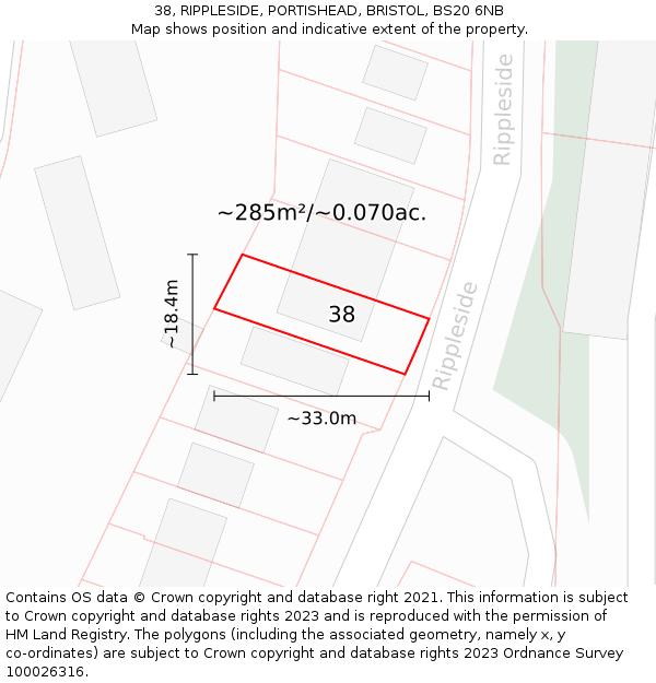 38, RIPPLESIDE, PORTISHEAD, BRISTOL, BS20 6NB: Plot and title map