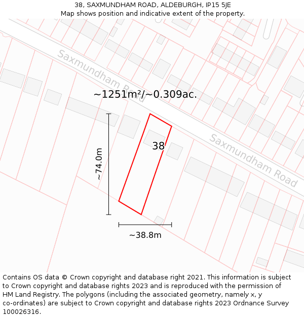 38, SAXMUNDHAM ROAD, ALDEBURGH, IP15 5JE: Plot and title map