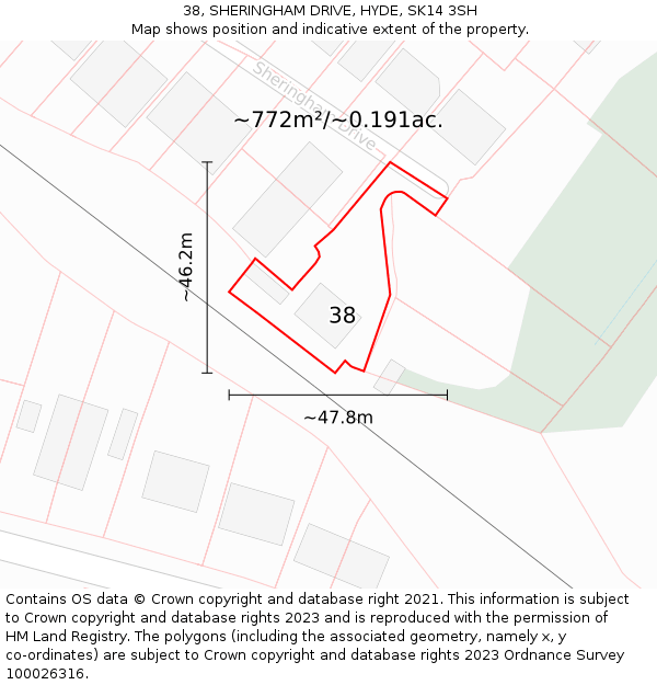 38, SHERINGHAM DRIVE, HYDE, SK14 3SH: Plot and title map