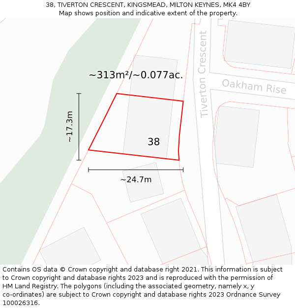 38, TIVERTON CRESCENT, KINGSMEAD, MILTON KEYNES, MK4 4BY: Plot and title map