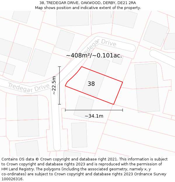 38, TREDEGAR DRIVE, OAKWOOD, DERBY, DE21 2RA: Plot and title map