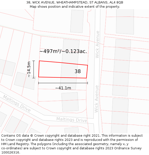 38, WICK AVENUE, WHEATHAMPSTEAD, ST ALBANS, AL4 8QB: Plot and title map