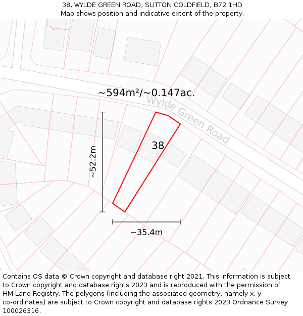 38, WYLDE GREEN ROAD, SUTTON COLDFIELD, B72 1HD: Plot and title map