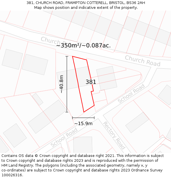 381, CHURCH ROAD, FRAMPTON COTTERELL, BRISTOL, BS36 2AH: Plot and title map