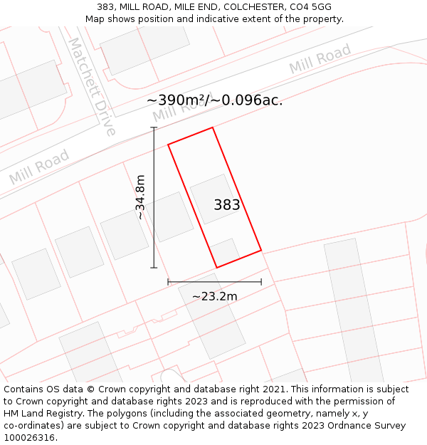 383, MILL ROAD, MILE END, COLCHESTER, CO4 5GG: Plot and title map