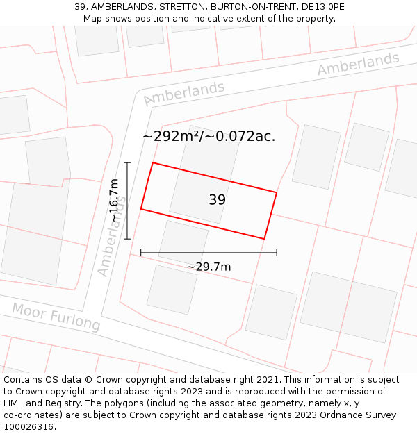 39, AMBERLANDS, STRETTON, BURTON-ON-TRENT, DE13 0PE: Plot and title map