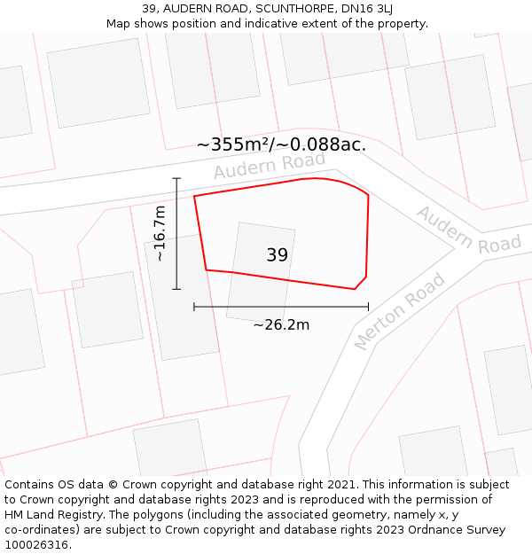 39, AUDERN ROAD, SCUNTHORPE, DN16 3LJ: Plot and title map