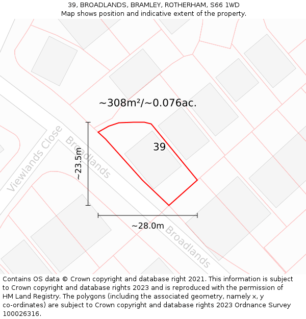 39, BROADLANDS, BRAMLEY, ROTHERHAM, S66 1WD: Plot and title map