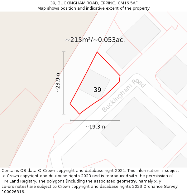 39, BUCKINGHAM ROAD, EPPING, CM16 5AF: Plot and title map