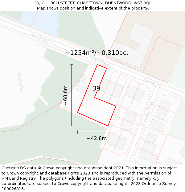 39, CHURCH STREET, CHASETOWN, BURNTWOOD, WS7 3QL: Plot and title map