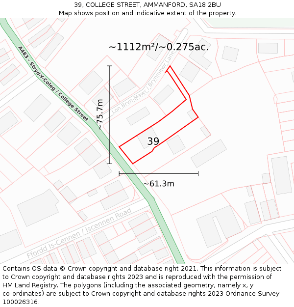 39, COLLEGE STREET, AMMANFORD, SA18 2BU: Plot and title map