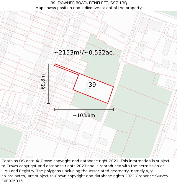 39, DOWNER ROAD, BENFLEET, SS7 1BQ: Plot and title map