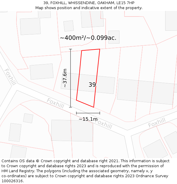 39, FOXHILL, WHISSENDINE, OAKHAM, LE15 7HP: Plot and title map