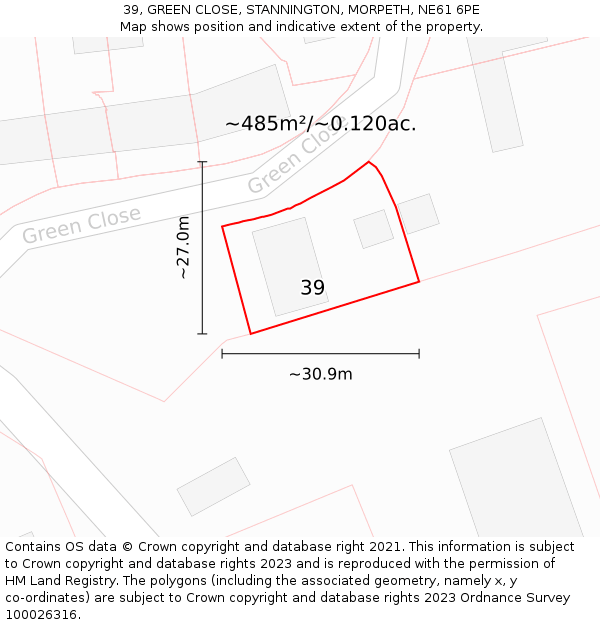 39, GREEN CLOSE, STANNINGTON, MORPETH, NE61 6PE: Plot and title map