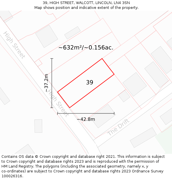 39, HIGH STREET, WALCOTT, LINCOLN, LN4 3SN: Plot and title map