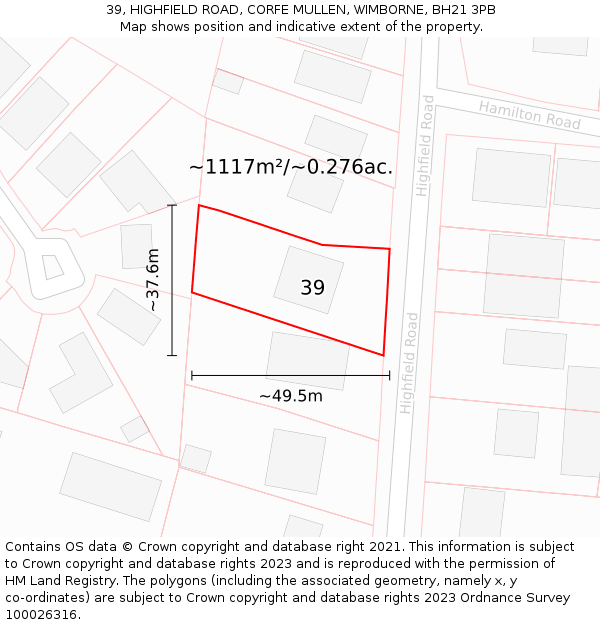 39, HIGHFIELD ROAD, CORFE MULLEN, WIMBORNE, BH21 3PB: Plot and title map