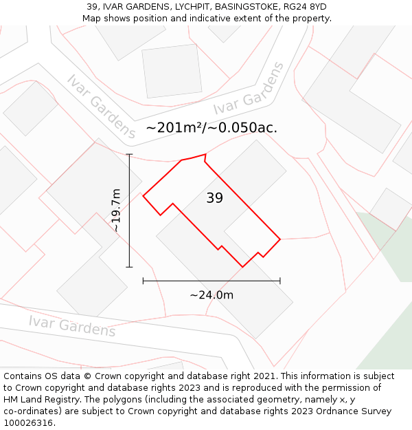 39, IVAR GARDENS, LYCHPIT, BASINGSTOKE, RG24 8YD: Plot and title map