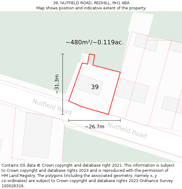 39, NUTFIELD ROAD, REDHILL, RH1 4BA: Plot and title map