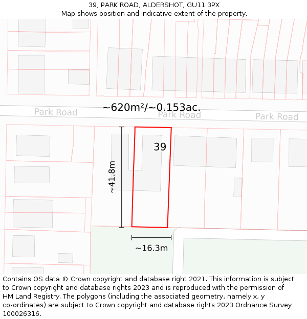 39, PARK ROAD, ALDERSHOT, GU11 3PX: Plot and title map