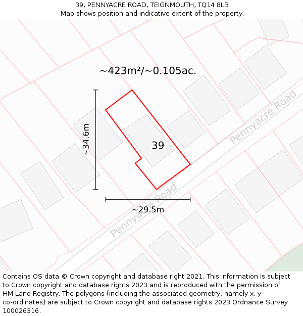 39, PENNYACRE ROAD, TEIGNMOUTH, TQ14 8LB: Plot and title map