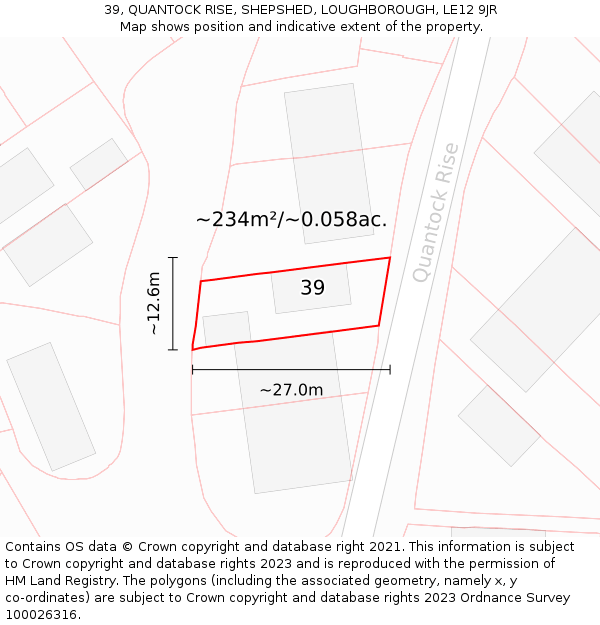 39, QUANTOCK RISE, SHEPSHED, LOUGHBOROUGH, LE12 9JR: Plot and title map