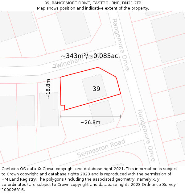 39, RANGEMORE DRIVE, EASTBOURNE, BN21 2TP: Plot and title map