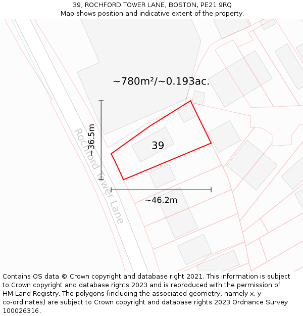 39, ROCHFORD TOWER LANE, BOSTON, PE21 9RQ: Plot and title map