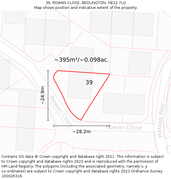 39, ROWAN CLOSE, BEDLINGTON, NE22 7LG: Plot and title map