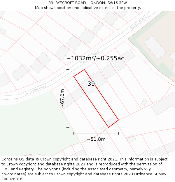 39, RYECROFT ROAD, LONDON, SW16 3EW: Plot and title map