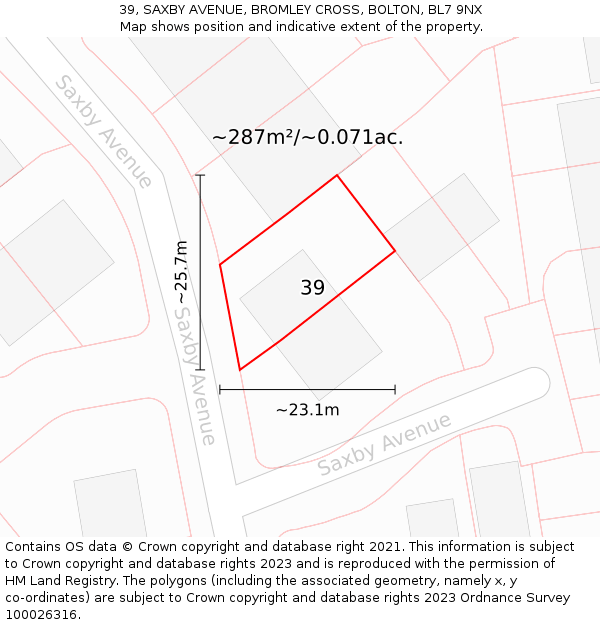 39, SAXBY AVENUE, BROMLEY CROSS, BOLTON, BL7 9NX: Plot and title map