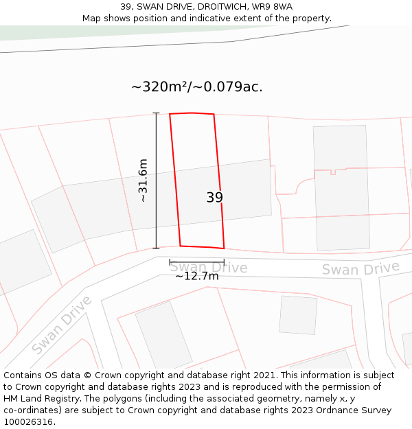 39, SWAN DRIVE, DROITWICH, WR9 8WA: Plot and title map