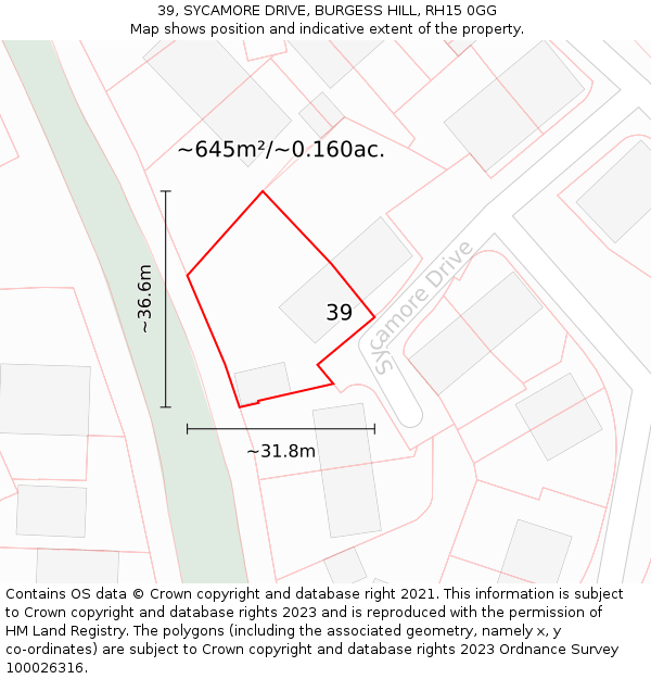 39, SYCAMORE DRIVE, BURGESS HILL, RH15 0GG: Plot and title map