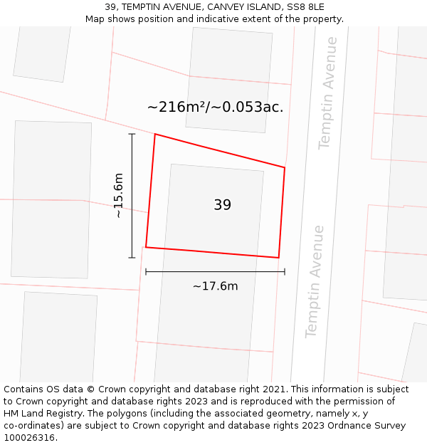 39, TEMPTIN AVENUE, CANVEY ISLAND, SS8 8LE: Plot and title map