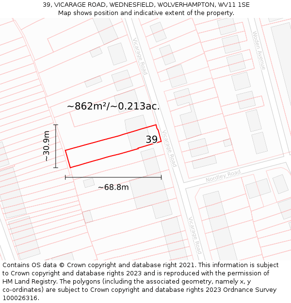 39, VICARAGE ROAD, WEDNESFIELD, WOLVERHAMPTON, WV11 1SE: Plot and title map