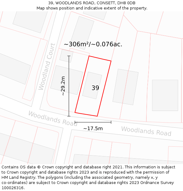 39, WOODLANDS ROAD, CONSETT, DH8 0DB: Plot and title map