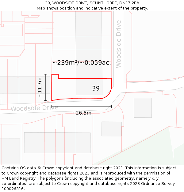 39, WOODSIDE DRIVE, SCUNTHORPE, DN17 2EA: Plot and title map