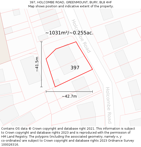 397, HOLCOMBE ROAD, GREENMOUNT, BURY, BL8 4HF: Plot and title map