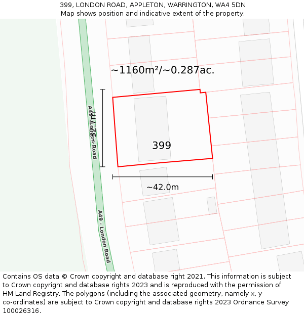 399, LONDON ROAD, APPLETON, WARRINGTON, WA4 5DN: Plot and title map