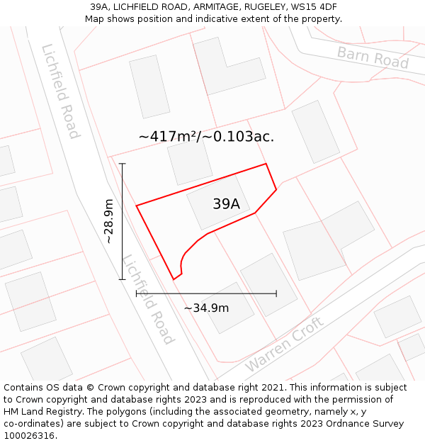 39A, LICHFIELD ROAD, ARMITAGE, RUGELEY, WS15 4DF: Plot and title map