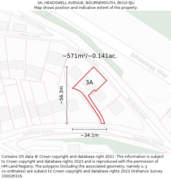 3A, HEADSWELL AVENUE, BOURNEMOUTH, BH10 6JU: Plot and title map