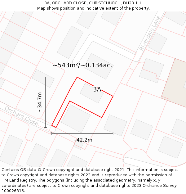 3A, ORCHARD CLOSE, CHRISTCHURCH, BH23 1LL: Plot and title map