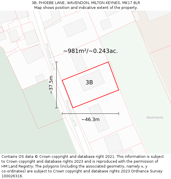 3B, PHOEBE LANE, WAVENDON, MILTON KEYNES, MK17 8LR: Plot and title map