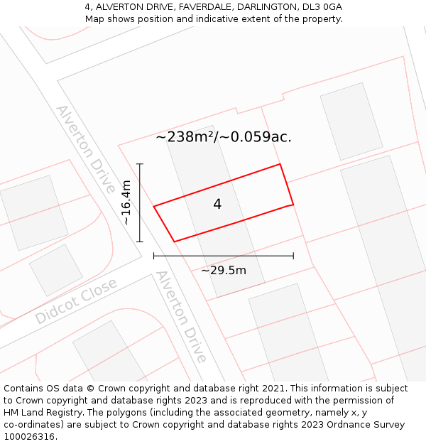 4, ALVERTON DRIVE, FAVERDALE, DARLINGTON, DL3 0GA: Plot and title map