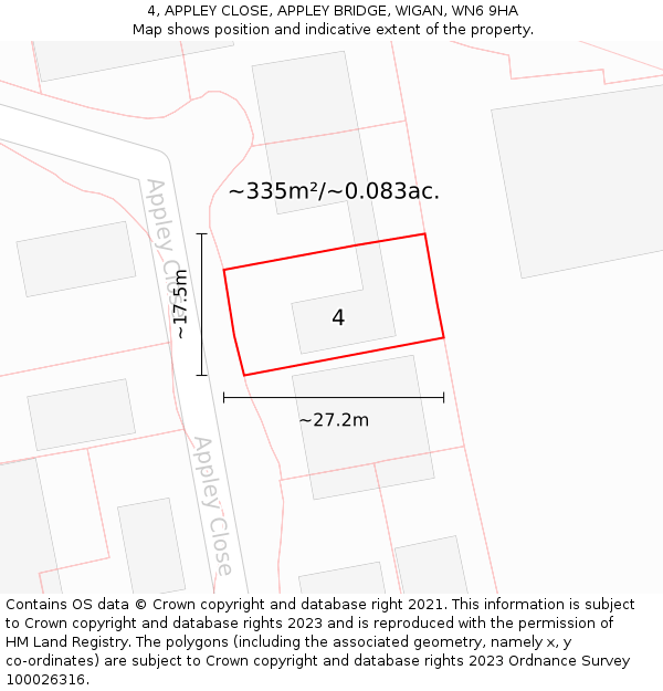 4, APPLEY CLOSE, APPLEY BRIDGE, WIGAN, WN6 9HA: Plot and title map