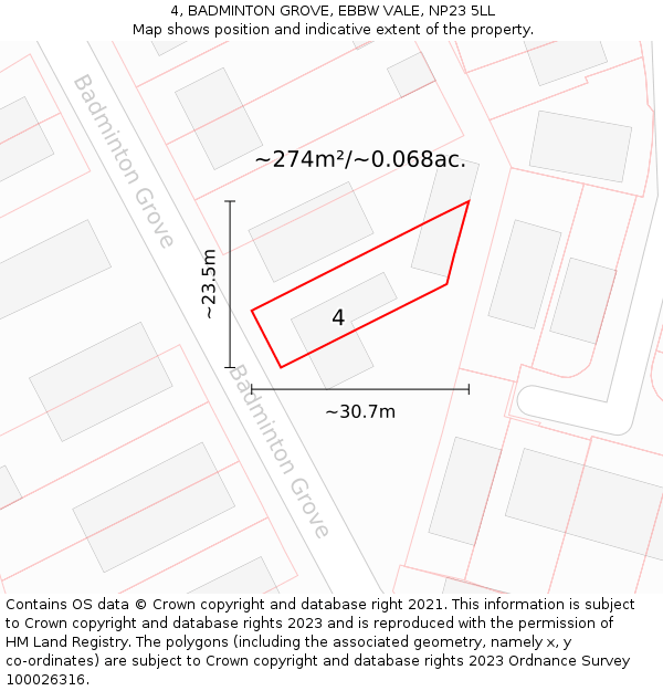 4, BADMINTON GROVE, EBBW VALE, NP23 5LL: Plot and title map