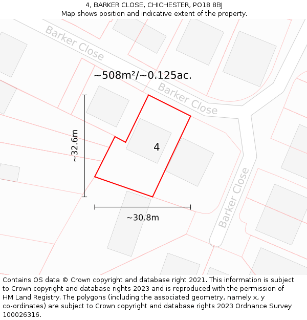 4, BARKER CLOSE, CHICHESTER, PO18 8BJ: Plot and title map