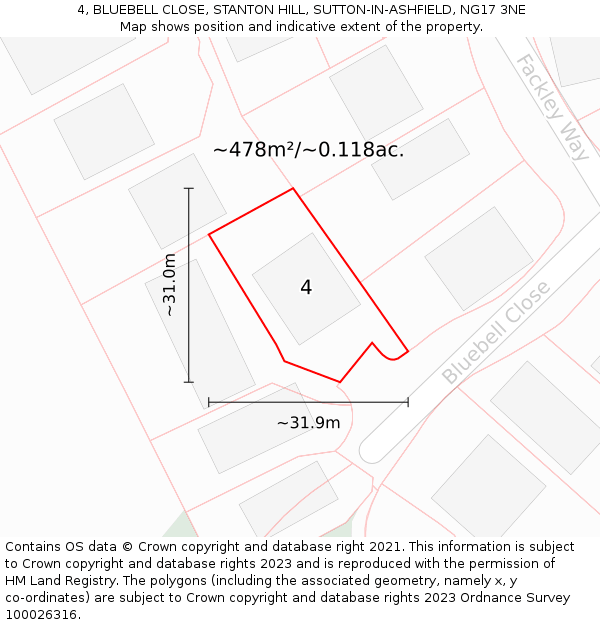 4, BLUEBELL CLOSE, STANTON HILL, SUTTON-IN-ASHFIELD, NG17 3NE: Plot and title map